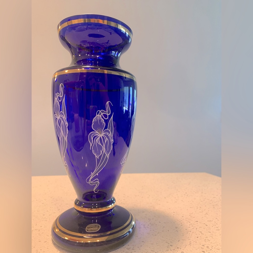 Bohemia Crystal Cobalt Blue w/Gold & White made in Czechoslovakia